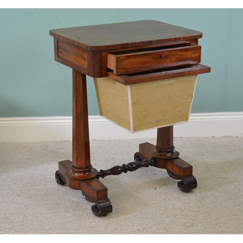 713 - William IV mahogany ladies work table the single drawer in the frieze above a sliding work basket ra... 