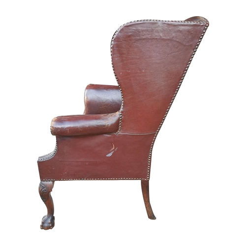 717 - Edwardian leather upholstered wing backed armchair raised on carved mahogany cabriole legs { 104cm H... 