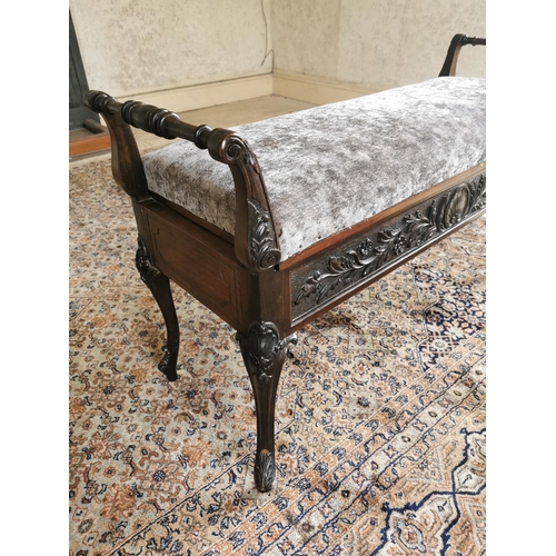 718 - Edwardian carved mahogany window stool with upholstered seat raised on cabriole legs {63 cm H x 106 ... 