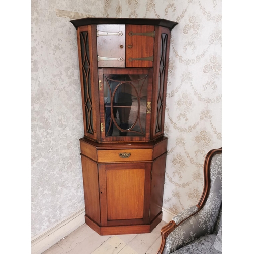 720 - Art Nouveau mahogany glazed corner cabinet {179 cm H x 80 cm W x 62 cm D}.