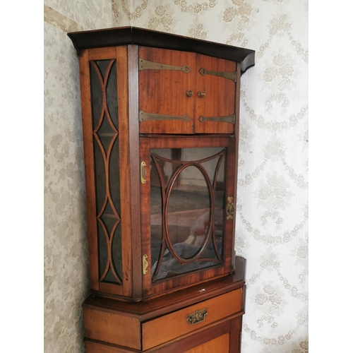 720 - Art Nouveau mahogany glazed corner cabinet {179 cm H x 80 cm W x 62 cm D}.