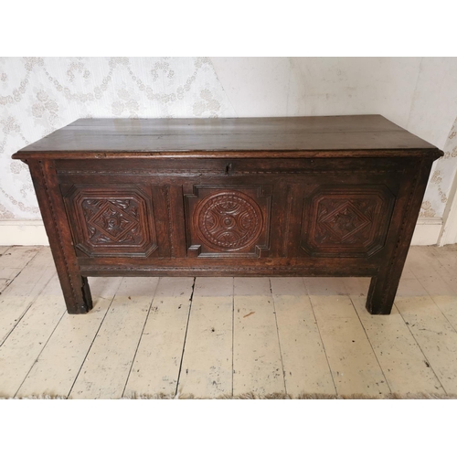 721 - 19th C. carved oak coffer {66 cm H x 133 cm W x 53 cm D}.