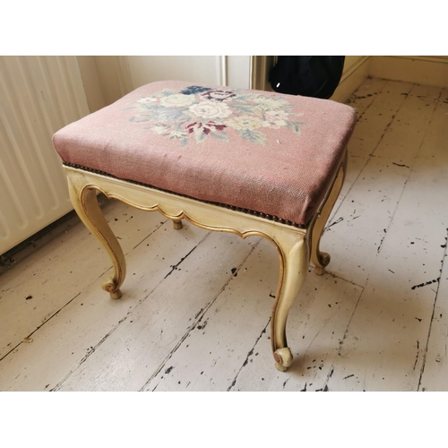 727 - 19th. C. hand painted and giltwood foot stool with tapestry seat {48 cm H x 53 cm W x 38 cm D}.