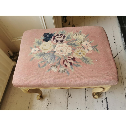 727 - 19th. C. hand painted and giltwood foot stool with tapestry seat {48 cm H x 53 cm W x 38 cm D}.