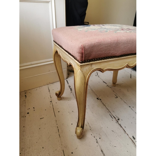 727 - 19th. C. hand painted and giltwood foot stool with tapestry seat {48 cm H x 53 cm W x 38 cm D}.