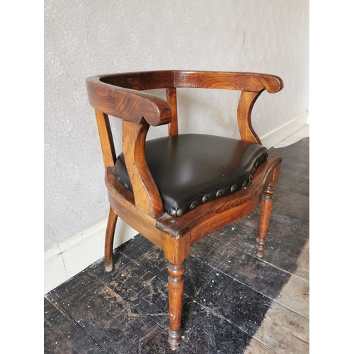 729 - Edwardian oak office chair with inset leather seat, raised on turned legs { 74cm H X 58cm W X 52cm D... 