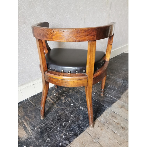 729 - Edwardian oak office chair with inset leather seat, raised on turned legs { 74cm H X 58cm W X 52cm D... 