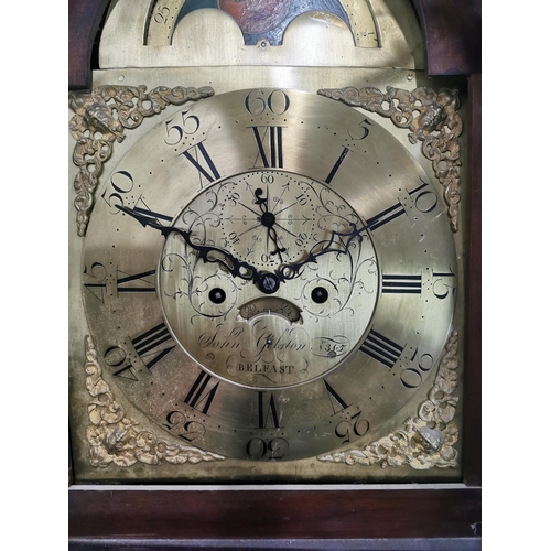 737 - 19th. C. mahogany long cased clock with arched rolling moon brass dial John Gilston Belfast No 315  ... 