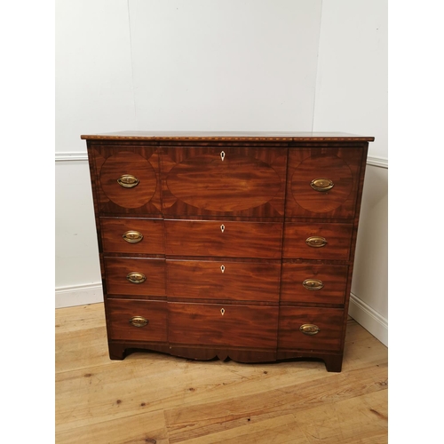 739 - 19th. C. inlaid mahogany breakfront secretaire chest the fall front long drawer enclosing a fitted i... 