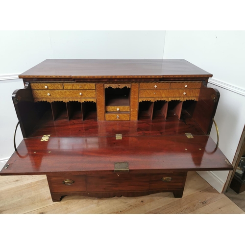 739 - 19th. C. inlaid mahogany breakfront secretaire chest the fall front long drawer enclosing a fitted i... 