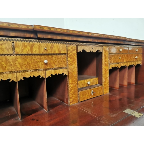 739 - 19th. C. inlaid mahogany breakfront secretaire chest the fall front long drawer enclosing a fitted i... 