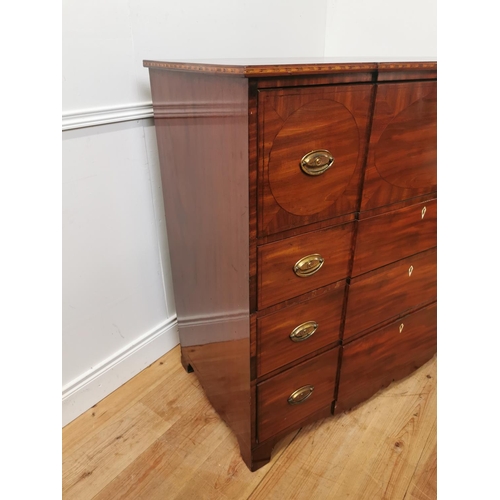 739 - 19th. C. inlaid mahogany breakfront secretaire chest the fall front long drawer enclosing a fitted i... 