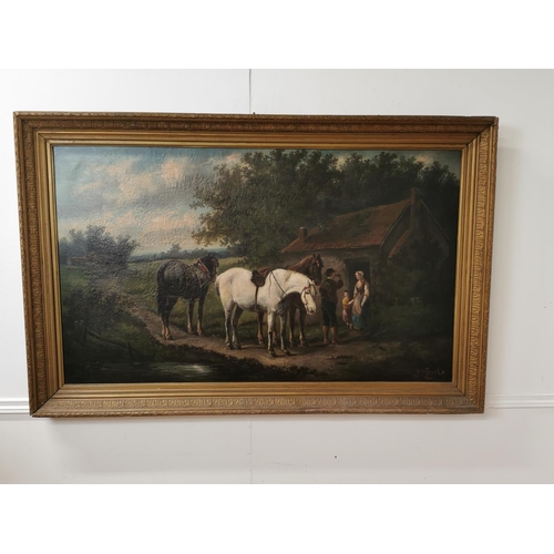 741 - Rose J Leigh The Traveller Returns gilt framed Oil on Canvas { 96cm H X 144cm W }. Rose Leigh was a ... 