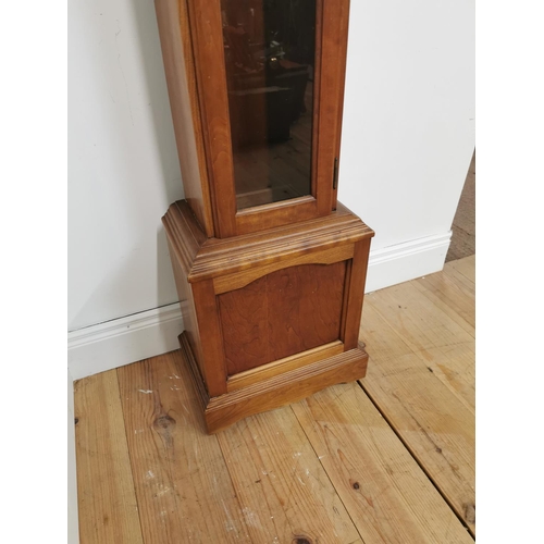 744 - Walnut grandmother clock with brass arched dial and glazed long door { 185cm H X 40cm W  X 25cm D }.