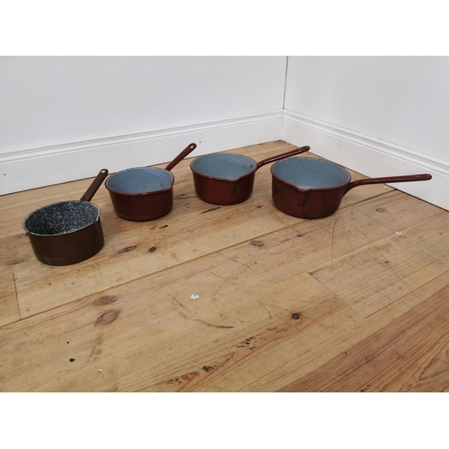 749 - Set four 1950's enamel saucepans. Largest  {17 cm H x 25 cm W x 45 cm D} and smallest {13 cm W x 19 ... 