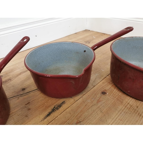 749 - Set four 1950's enamel saucepans. Largest  {17 cm H x 25 cm W x 45 cm D} and smallest {13 cm W x 19 ... 