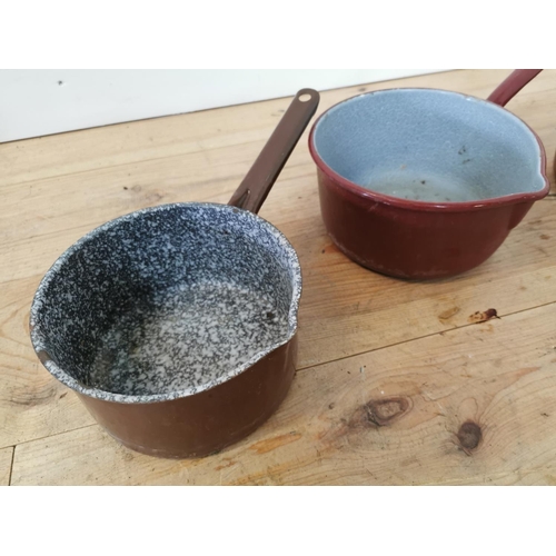 749 - Set four 1950's enamel saucepans. Largest  {17 cm H x 25 cm W x 45 cm D} and smallest {13 cm W x 19 ... 