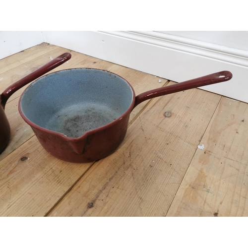 749 - Set four 1950's enamel saucepans. Largest  {17 cm H x 25 cm W x 45 cm D} and smallest {13 cm W x 19 ... 