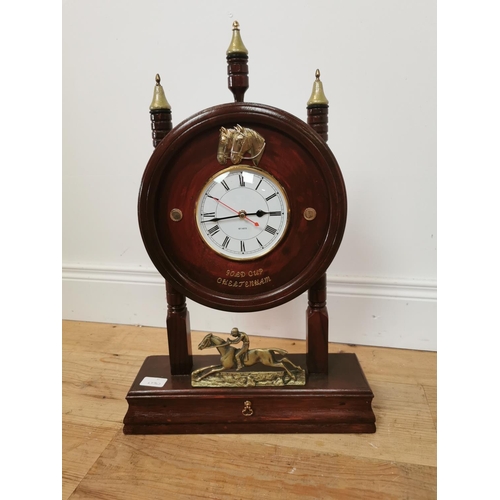 750 - Stained pine Gold Cup Cheltenham mantle clock decorated with horse and jockey. {57 cm H x 38 cm W x ... 