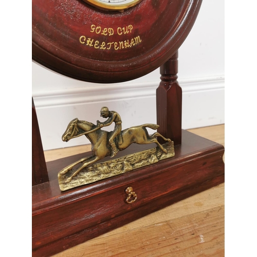 750 - Stained pine Gold Cup Cheltenham mantle clock decorated with horse and jockey. {57 cm H x 38 cm W x ... 