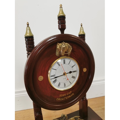 750 - Stained pine Gold Cup Cheltenham mantle clock decorated with horse and jockey. {57 cm H x 38 cm W x ... 