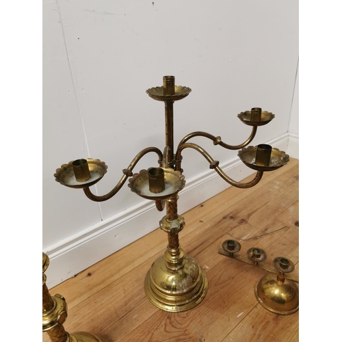 752 - Three 19th. C. brass candlesticks { 63cm H, 40cm H & 13cm H }.