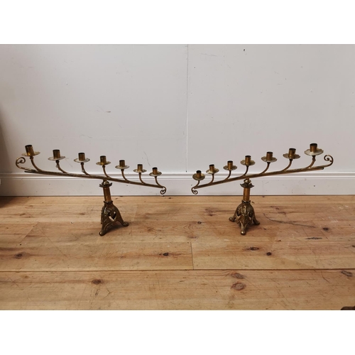 753 - Pair of 19th. C. Ecclesiastical Adoration brass candlesticks { 28cm H X 14cm Dia }.