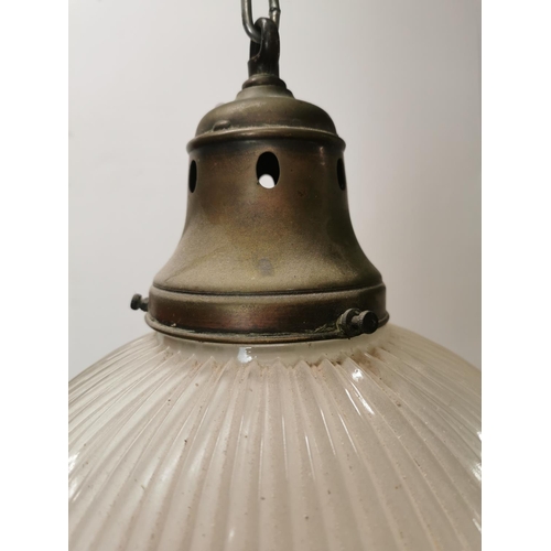 77 - Early 20th C. Halophane hanging light shade with brass fitting {38cm L x 33cm Dia.}