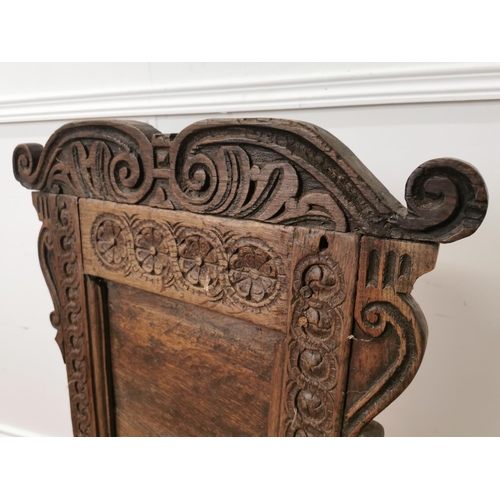 782 - 18th. C. carved oak side chair raised on square legs { 97cm H X 47cm W X 40cm D }.