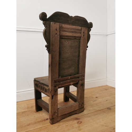 782 - 18th. C. carved oak side chair raised on square legs { 97cm H X 47cm W X 40cm D }.