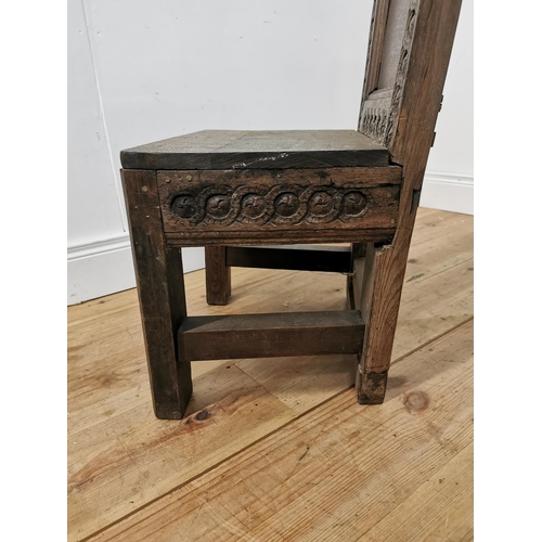 782 - 18th. C. carved oak side chair raised on square legs { 97cm H X 47cm W X 40cm D }.