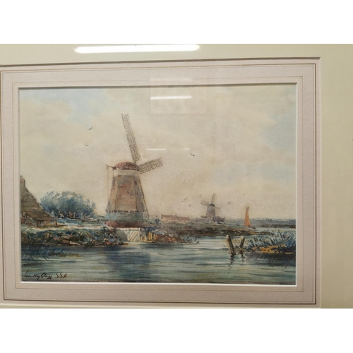 785 - John Hamilton Glass SSA  Windmill Scene 19th C. Watercolour mounted in gilt frame {24 cm H x 33 cm W... 