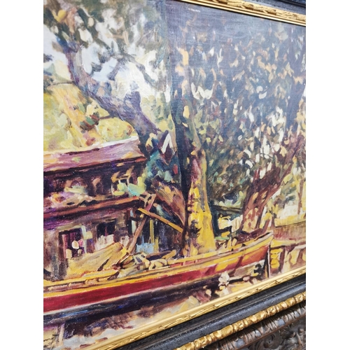 798 - Hikamet Doment The Boat Yard gilt framed oileograph { 69cm H X 77cm W }.