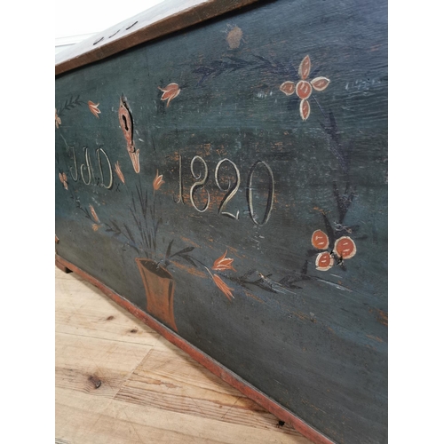 801 - 19th. C. Danish painted oak dome topped metal bound  Marriage trunk J A D 1820 { 83cm H X 164cm W X6... 