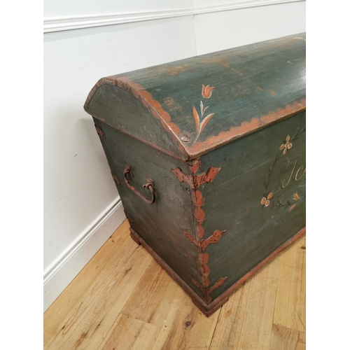 801 - 19th. C. Danish painted oak dome topped metal bound  Marriage trunk J A D 1820 { 83cm H X 164cm W X6... 