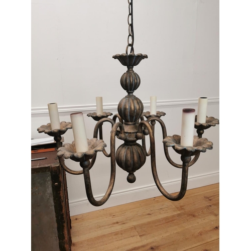 805 - Bronzed metal hanging six branch chandelier { 105cm H X 67cm Dia }.