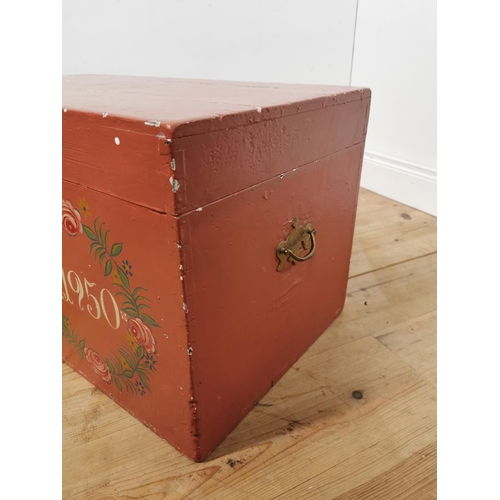 812 - 19th. C. Danish painted pine Marriage trunk with brass fittings  K.S.B.D. 1950  { 42cm H X 76cm W X ... 