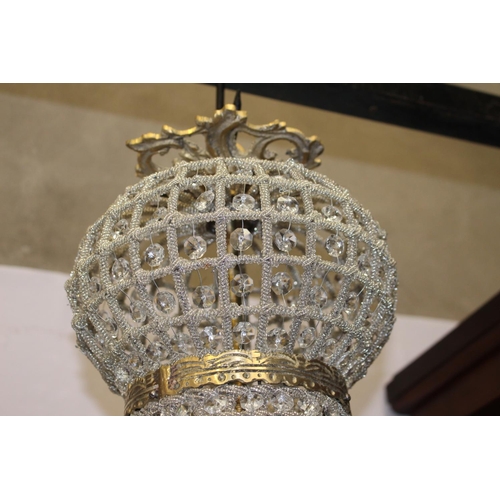 816 - Large cut glass and brass six lamp chandelier decorated with floral and mask motifs { 120cm H X 60cm... 