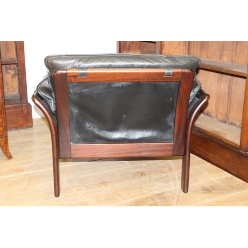 820 - Mahogany leather upholstered armchair { 74cm H X 85cm W X 68cm D ]