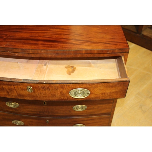 821 - 19th. C. mahogany bow fronted chest with four graduated long drawers raised on splay feet { 86cm H X... 