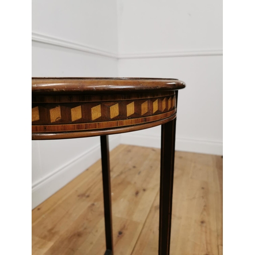 844 - 19th. C. inlaid mahogany circular lamp table raised on tapered legs { 76cm H X 45cm Dia }.