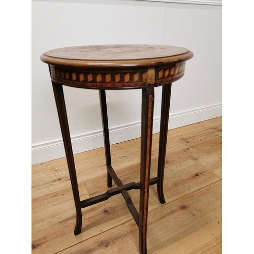 844 - 19th. C. inlaid mahogany circular lamp table raised on tapered legs { 76cm H X 45cm Dia }.