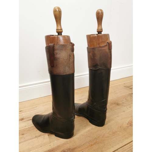 845 - Pair of 19th. C. leather riding boots with wooden trees { 65cm H X 31cm W X 10cm D }.