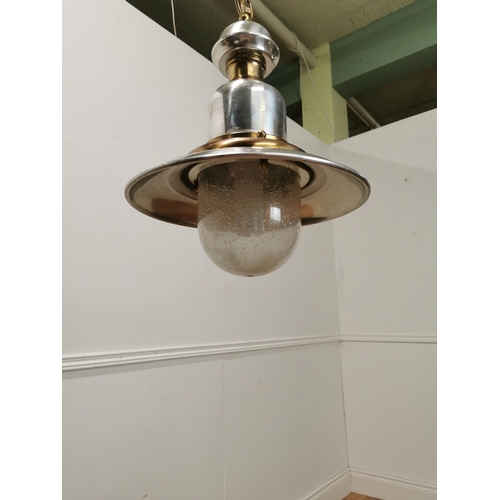 846 - Chrome and brass hanging ceiling  light { 70cm H X 32cm Dia }