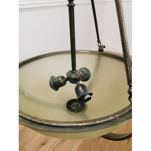 848 - Pair of brass hanging ceiling lights with milk glass shades in the Victorian style { 107cm H X 53cm ... 