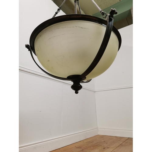 848 - Pair of brass hanging ceiling lights with milk glass shades in the Victorian style { 107cm H X 53cm ... 