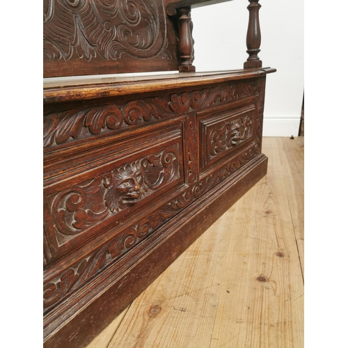 849 - 19th. C. carved oak metamorphic monk's bench table  { 96cm H X 121cm W X 51cm D }.