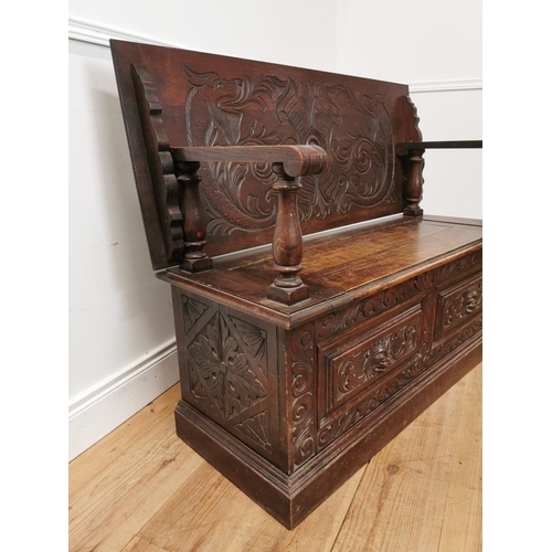 849 - 19th. C. carved oak metamorphic monk's bench table  { 96cm H X 121cm W X 51cm D }.