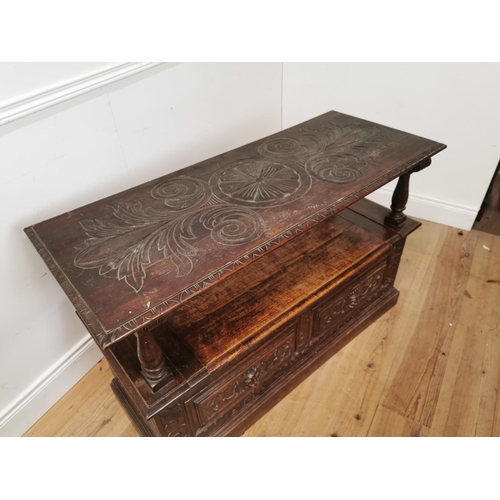 849 - 19th. C. carved oak metamorphic monk's bench table  { 96cm H X 121cm W X 51cm D }.