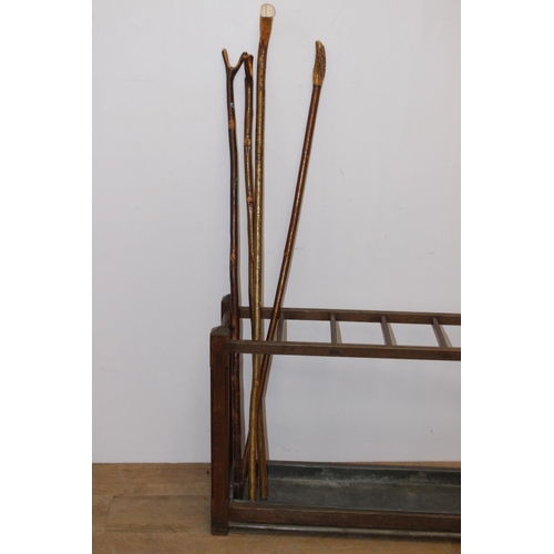 86 - 19th. C. pich pine stick stand with drip tray Stamped H J Burgess { 60cm H X 92cm W X 30cmD }